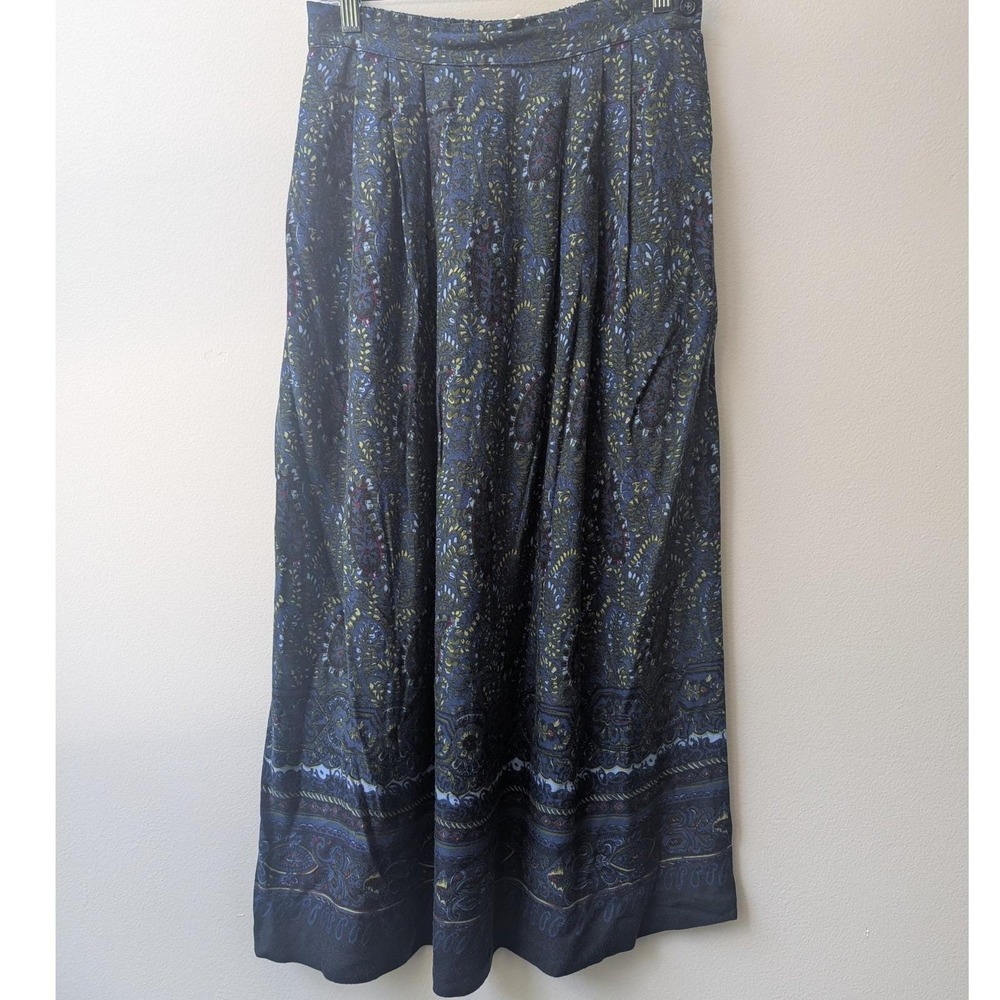 Vtg 90s Orvis Maxi Skirt Blue Paisley Rayon Pleated Sz 8 Cottagecore Boho Flowy